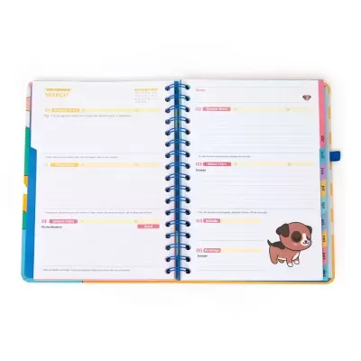 Agenda semanal aberta com datas de março e abril, ilustração de cão e separadores coloridos