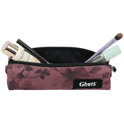 Estojo floral vinho e preto com produtos de maquilhagem e etiqueta Ghuts