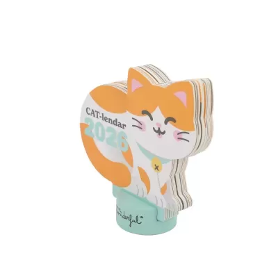 Calendário de mesa em forma de gato com texto CAT-lendar 2026