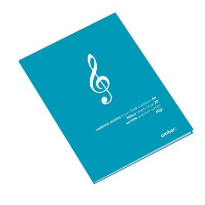 Caderno de música azul com símbolo de clave de sol e texto branco