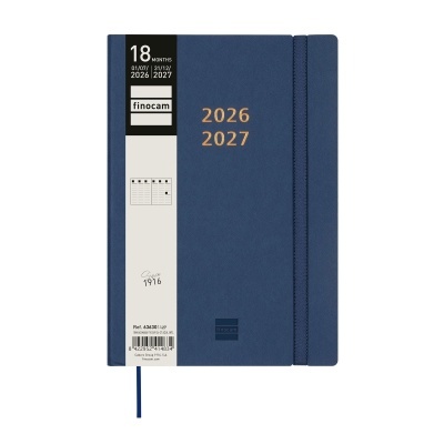 Agenda anual azul Finocam 2026-2027 com elástico e faixa branca