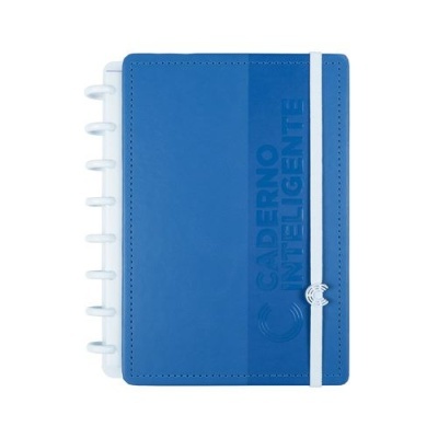 Caderno azul com fecho elástico branco e argolas plásticas brancas
