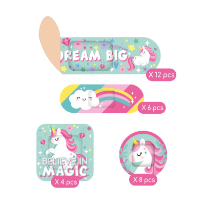 Autocolantes coloridos com unicórnios e textos em inglês para crianças.