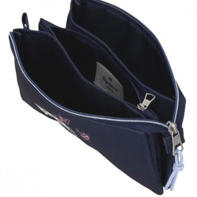 Estojo triplo azul escuro com fechos de correr metálicos