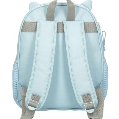 Mochila azul clara vista de trás com alças ajustáveis cinza