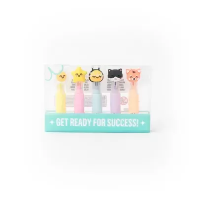 Marcadores de página coloridos com personagens divertidos em embalagem