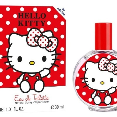 Frasco e caixa de perfume Hello Kitty vermelho com bolinhas brancas e personagem