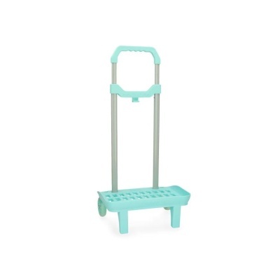 Carrinho de transporte azul claro com estrutura metálica e rodas