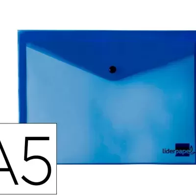 Pasta azul translúcida de plástico para documentos A5 com fecho de botão.