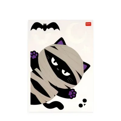 Adesivos decorativos de gato múmia com morcegos, lua, estrelas e caveira