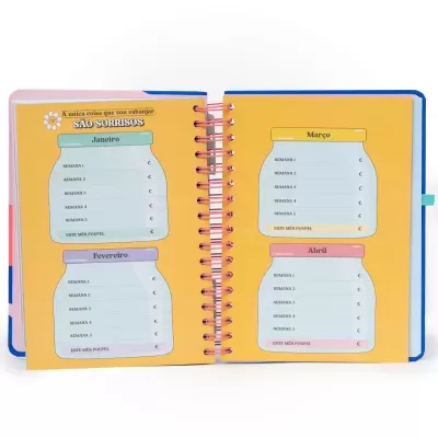 Caderno ou organizador financeiro aberto com páginas para registo mensal de poupanças