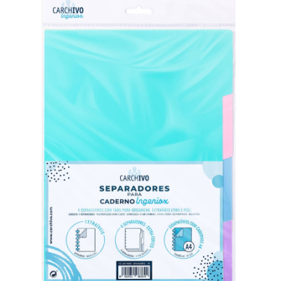 Pacote de separadores para caderno com abas coloridas em azul turquesa e branco