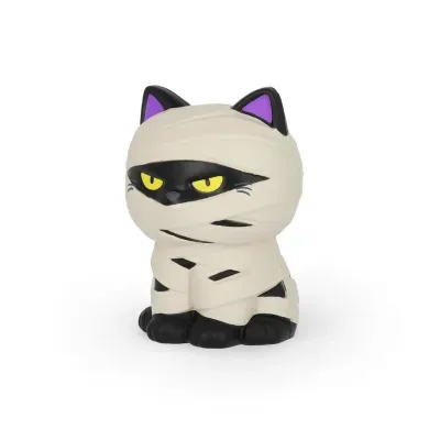 Figurine de gato múmia com olhos amarelos e orelhas roxas