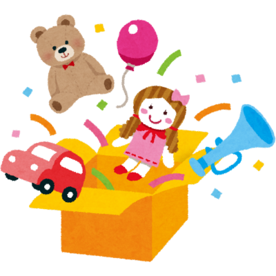 Caixa amarela com brinquedos coloridos e confetes