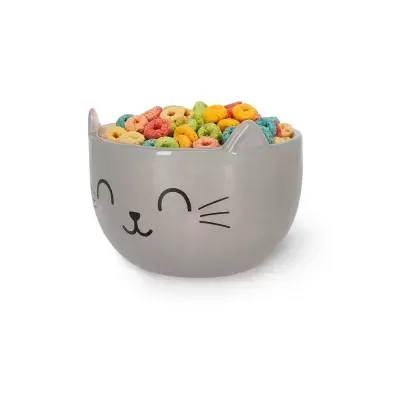 Tigela cinzenta de cerâmica em forma de cabeça de gato com cereal colorido