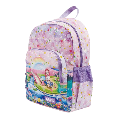 Mochila infantil lilás e rosa com padrão floral e ilustração arco-íris.