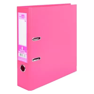Pasta arquivo rosa com fecho metálico e rótulo na lombada