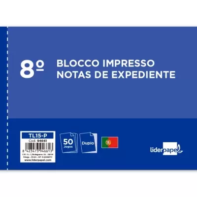Bloco de notas de expediente azul com texto branco e etiquetas de código e marca.