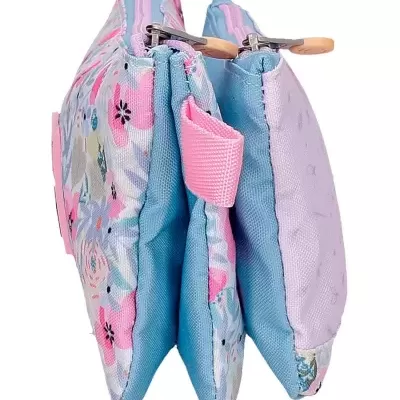 Necessaire dupla azul, rosa e lilás com padrão floral e fechos de correr