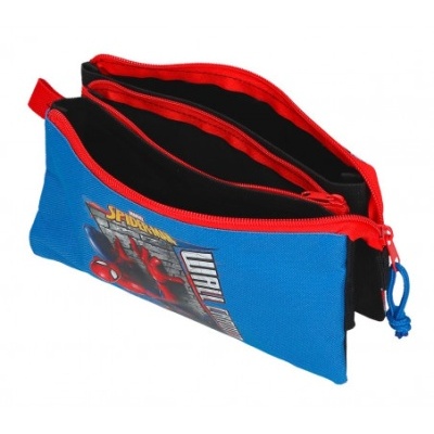 Estojo escolar azul com fecho vermelho e estampa do Homem-Aranha
