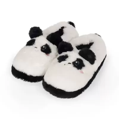 Chinelos de pelúcia com rosto de panda preto e branco