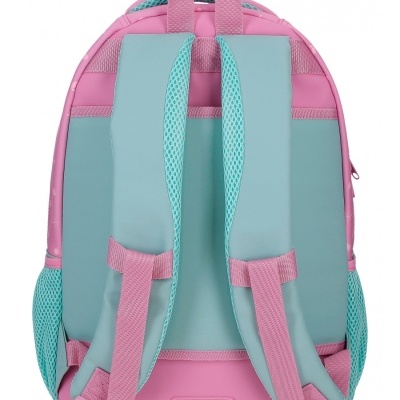 Mochila azul turquesa e rosa vista de costas com alças almofadadas e base rosa