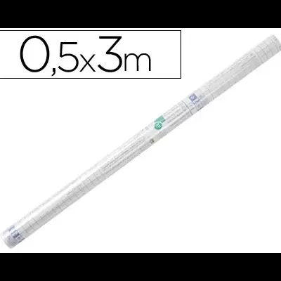 Rolo de papel autocolante branco com marcações de grelha cinza e etiqueta com dimensões 0,5x3m