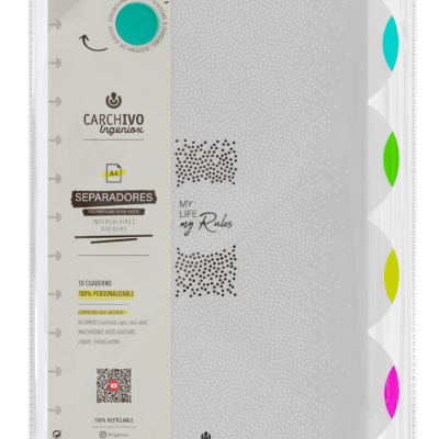 Separadores de papéis com abas coloridas e padrão pontilhado branco em embalagem plástica