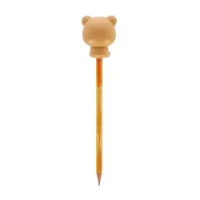 Lápis amarelo com cabeça de urso castanha como borracha.