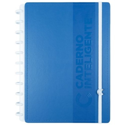 Caderno azul com fecho elástico branco e texto CADERNO INTELIGENTE na capa