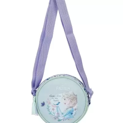 Mala redonda verde claro com personagem Elsa de Frozen e alça roxa