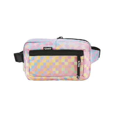 Bolsa tipo pochete xadrez em cores pastel com fechos pretos e etiquetas Gbus.