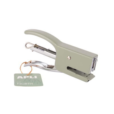 Agrafador manual cinza claro com etiqueta APLI UP NORTH