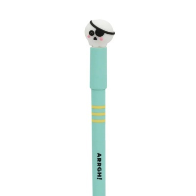 Caneta azul claro com borracha de caveira branca com tapa-olho