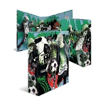 Caixas de arquivo com ilustrações de futebol e jovens jogadores em fundo verde.