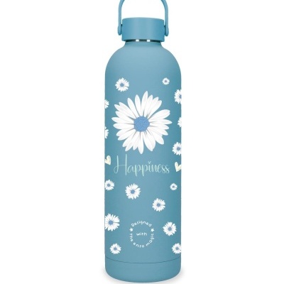 Garrafa térmica azul com flores brancas e texto Happiness