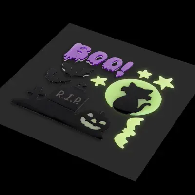 Autocolantes luminosos Halloween com texto BOO!, lápide, abóbora, morcegos, gato e estrelas