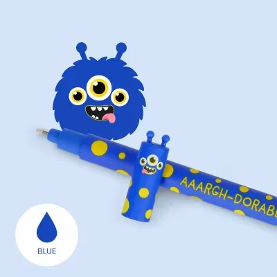 Caneta azul com desenho de monstro e texto AAARGH-DORABLE