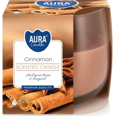 Vela perfumada de canela Aura Candles em embalagem castanha com imagem de paus de canela
