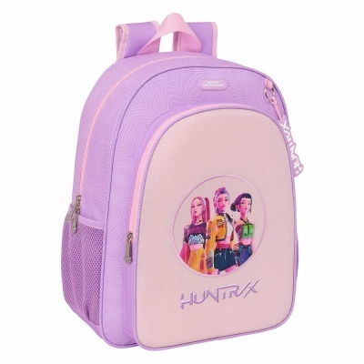 Mochila rosa e lilás com imagem de personagens femininas e texto HUNTRX
