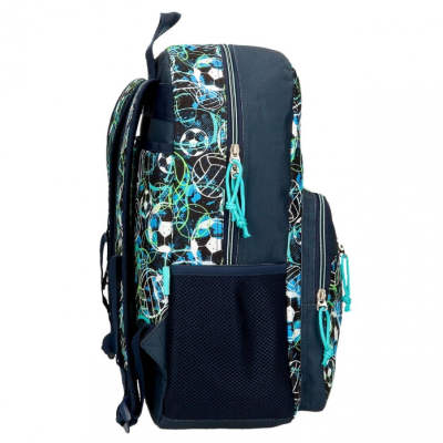 Mochila azul preta com estampa abstrata e bolso frontal com fecho