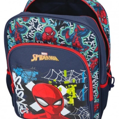 Mochila azul com imagem do Homem-Aranha e teias brancas