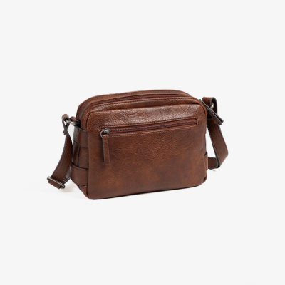 Mala castanha de couro sintético com bolso frontal e alça ajustável