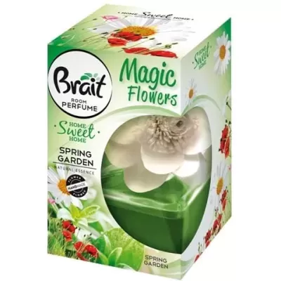 Perfume ambiente Brait Magic Flowers com flor branca decorativa e base verde em embalagem floral