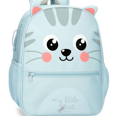 Mochila azul clara com rosto de gato desenhado e texto my little cat