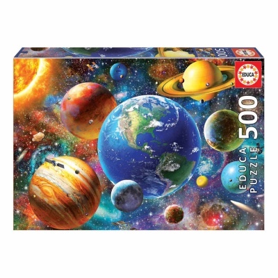Caixa de puzzle 500 peças do sistema solar com planetas coloridos em fundo estrelado