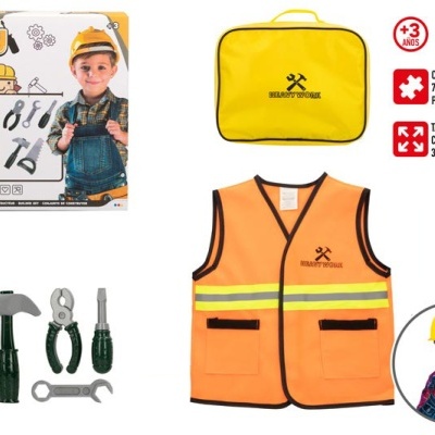 Conjunto infantil de ferramentas e colete refletor laranja com capacete e saco amarelo