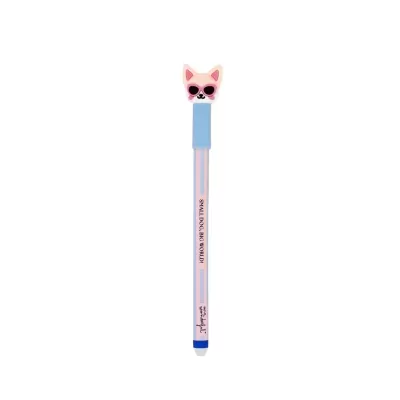 Lápis com cabeça de cão rosa com óculos e corpo azul e rosa com texto preto.