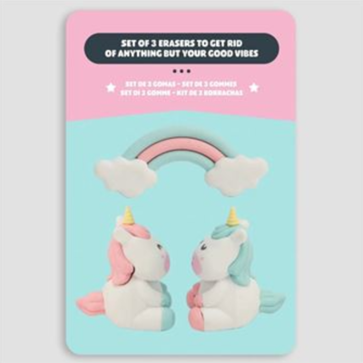 Conjunto de borrachas em forma de unicórnios e arco-íris em embalagem colorida