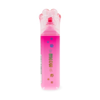 Pulverizador rosa em forma de pata com texto meow e patas coloridas